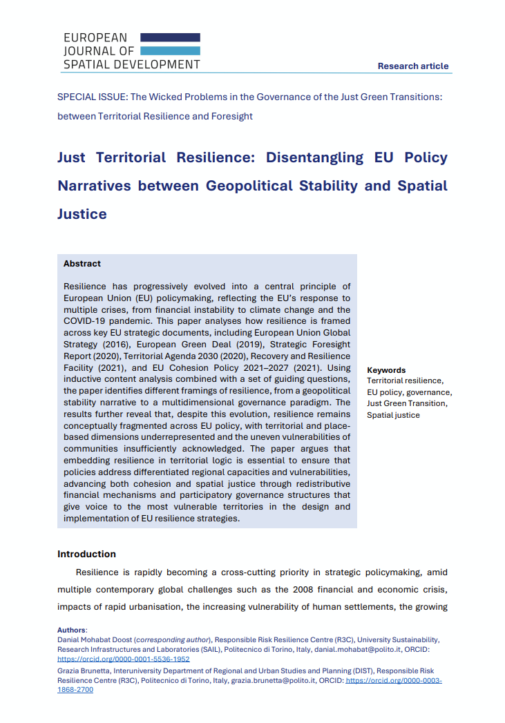 First page preview of the published article Just Territorial Resilience